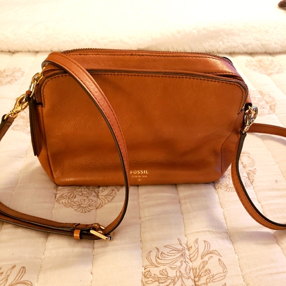 Fossil Handbags - Fossil cognac brown leather double zippered crossbody shoulder bag